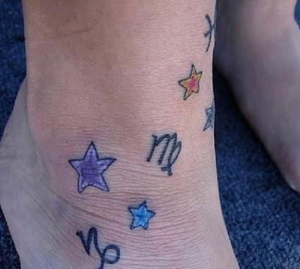 Capricorn Zodiac And Star Tattoo On Ankle 