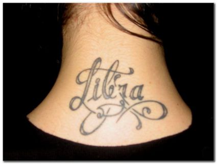 Libra Text Tattoo On Back Of Neck